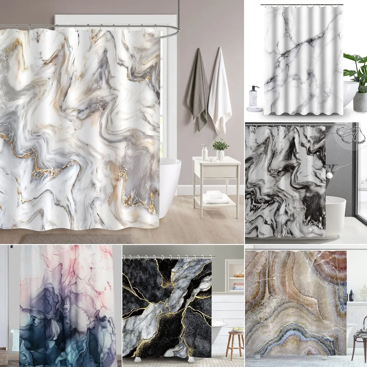 Shower Curtain Liner - Grey Gold Marble Ink Texture Shower