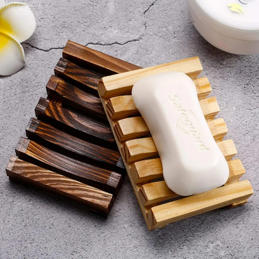 Home Essentials Bathroom Storage - Natural Bamboo Soap Holder, Wooden Draining